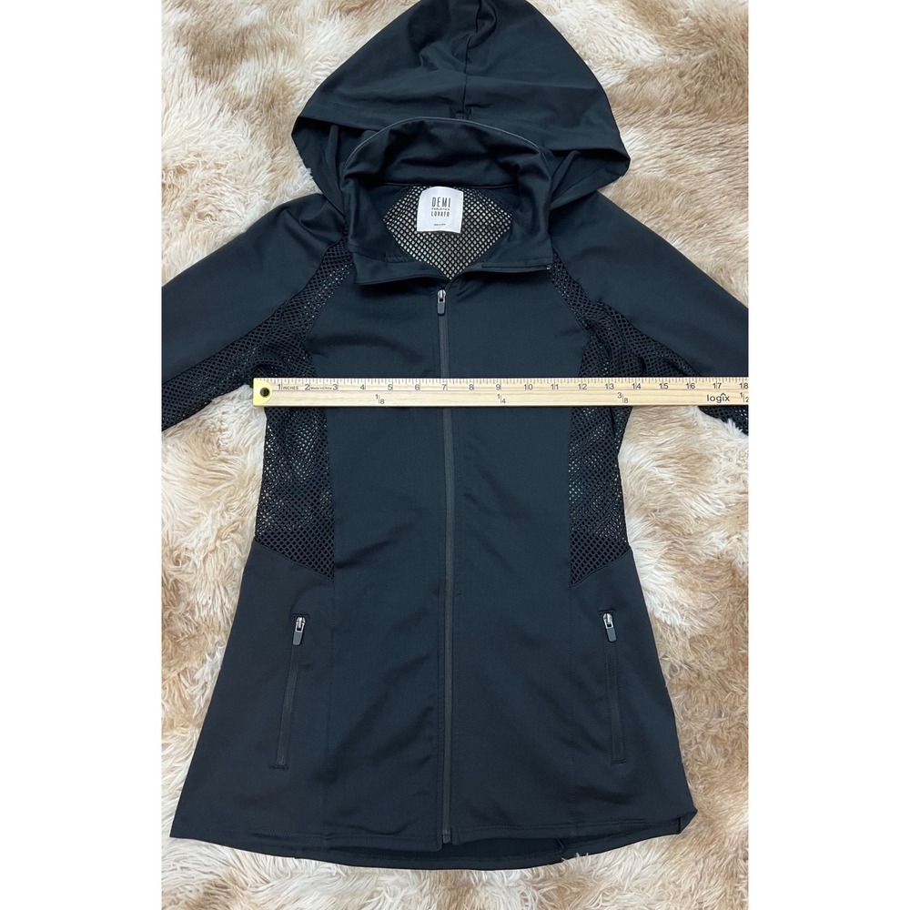 Demi Lovato Fabletics Black Mesh Panel Hooded Full Zip Track Jacket Thumbholes